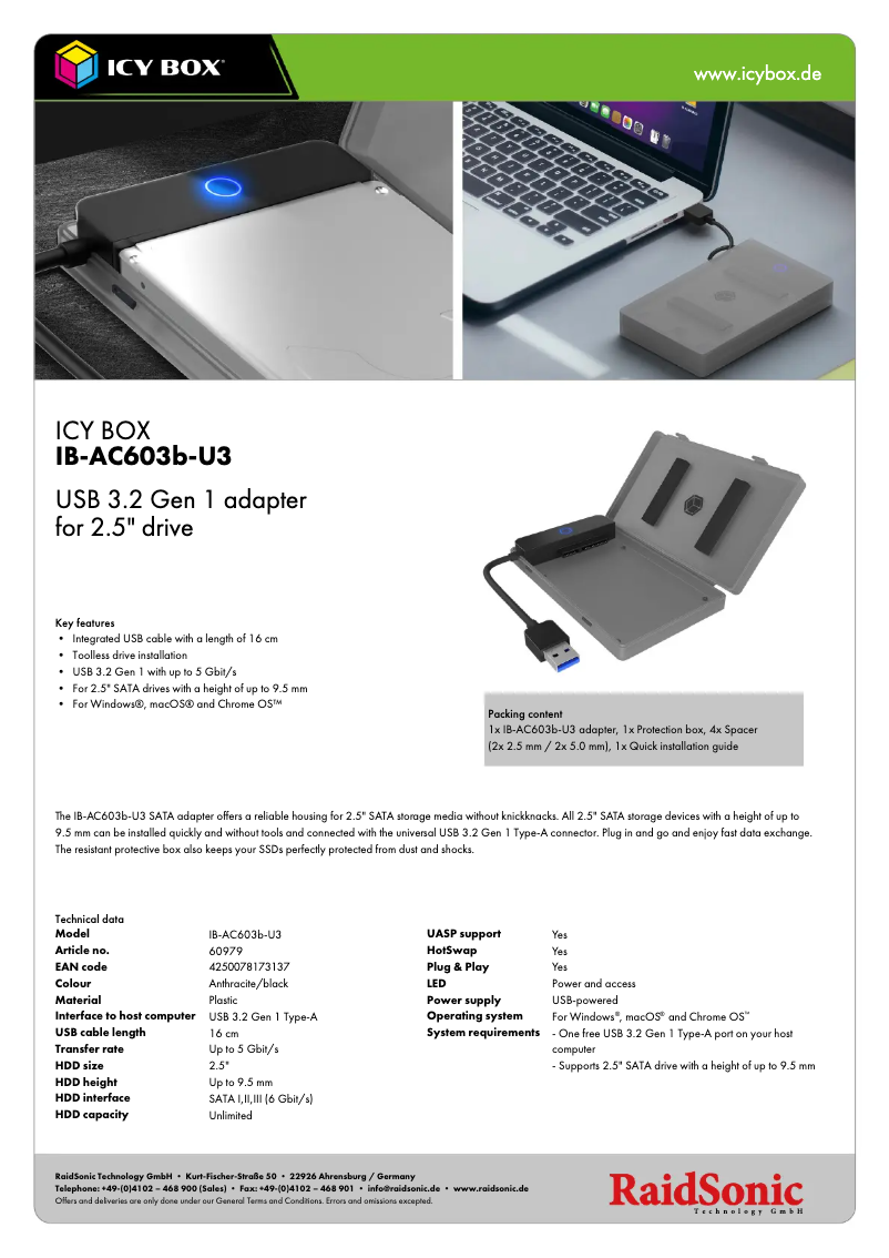 Page 1 de la notice Fiche technique Icy Box IB-AC603b-U3