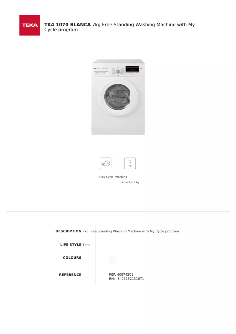 Page 1 de la notice Fiche technique Teka TK4 1070