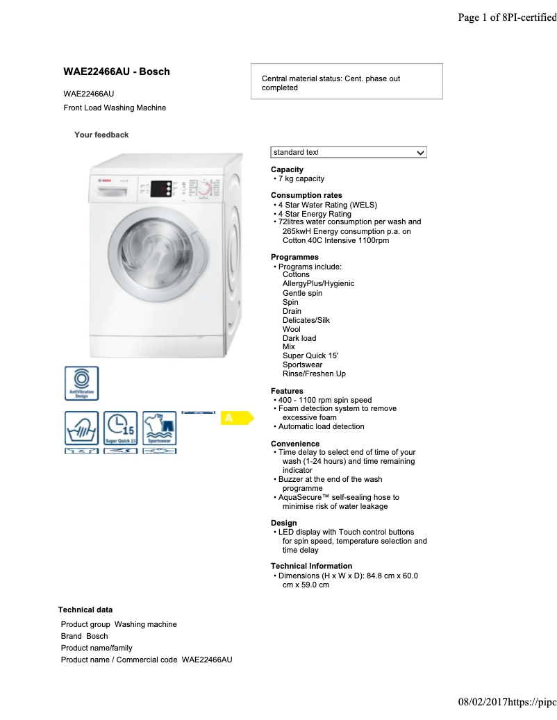 Page 1 of the manual Technical Sheet Bosch WAE22466AU