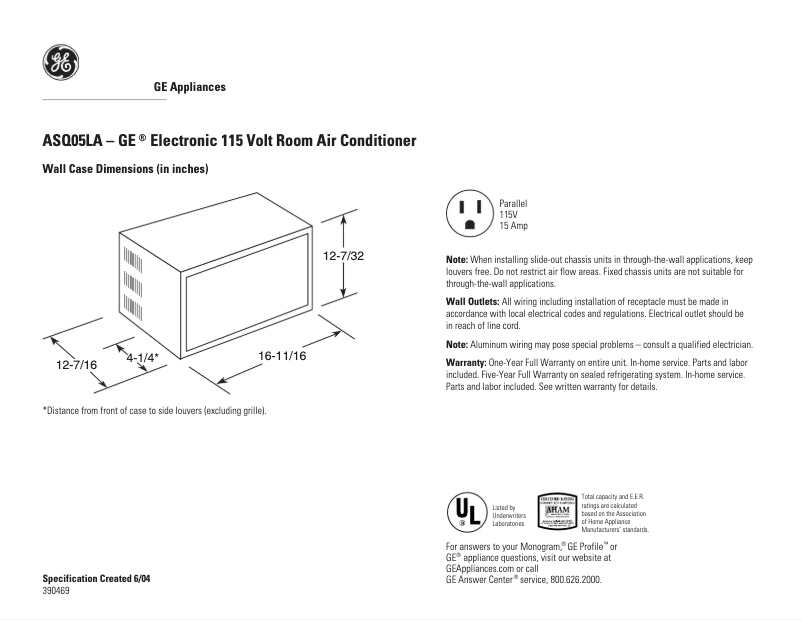 Page 1 of the manual Technical Sheet GE ASQ05LA