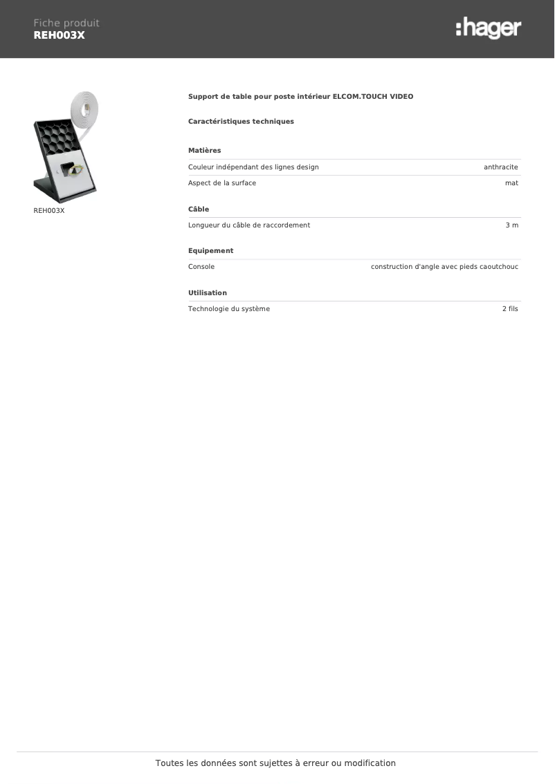 Page 1 de la notice Fiche technique Elcom REH003X