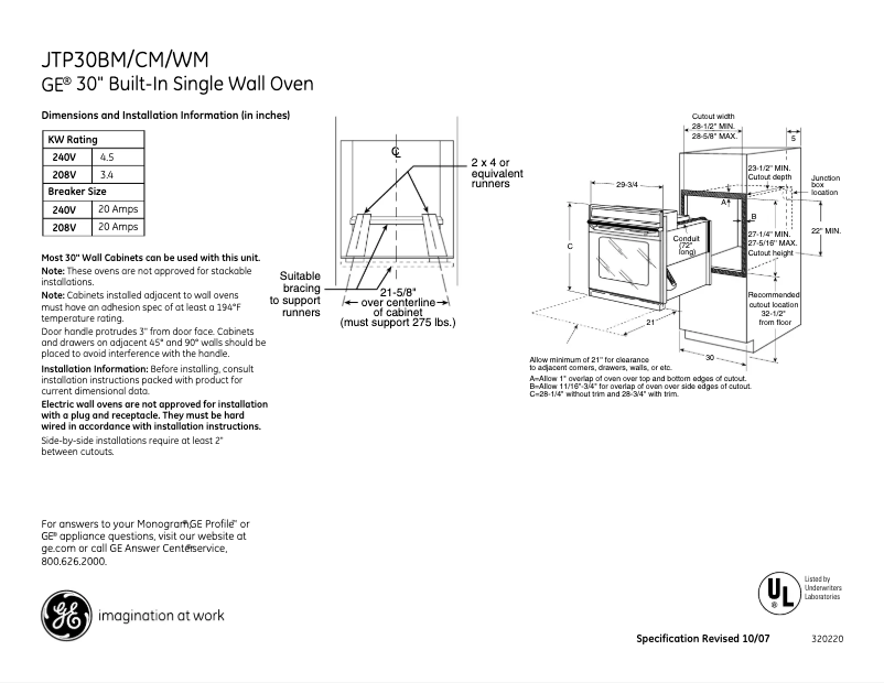 Page 1 de la notice Fiche technique GE JTP30CMCC