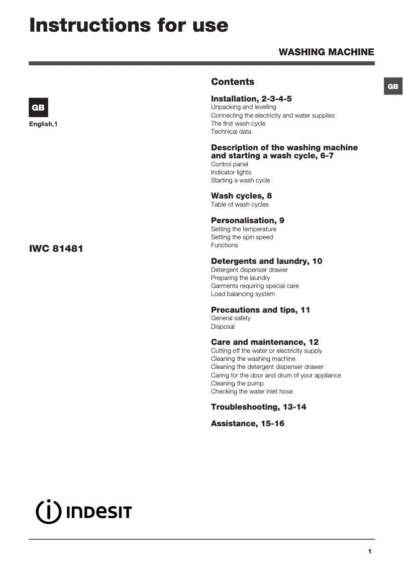 Página 1 del manual Manual de usuario Indesit IWC 81481 ECO (UK)