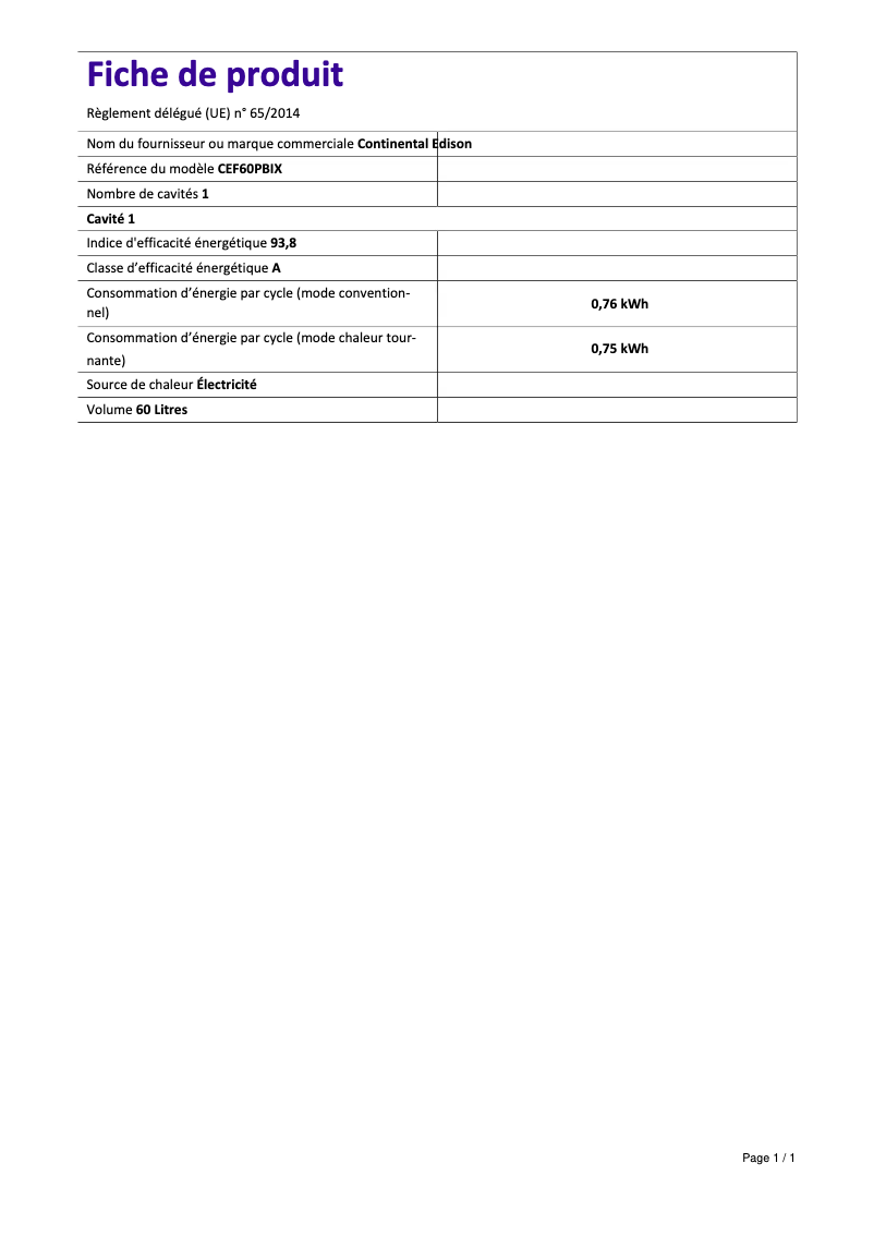 Page 1 de la notice Label énergétique Continental Edison CEF60PBIX