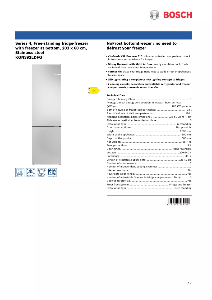 Page 1 de la notice Fiche technique Bosch KGN392LDFG
