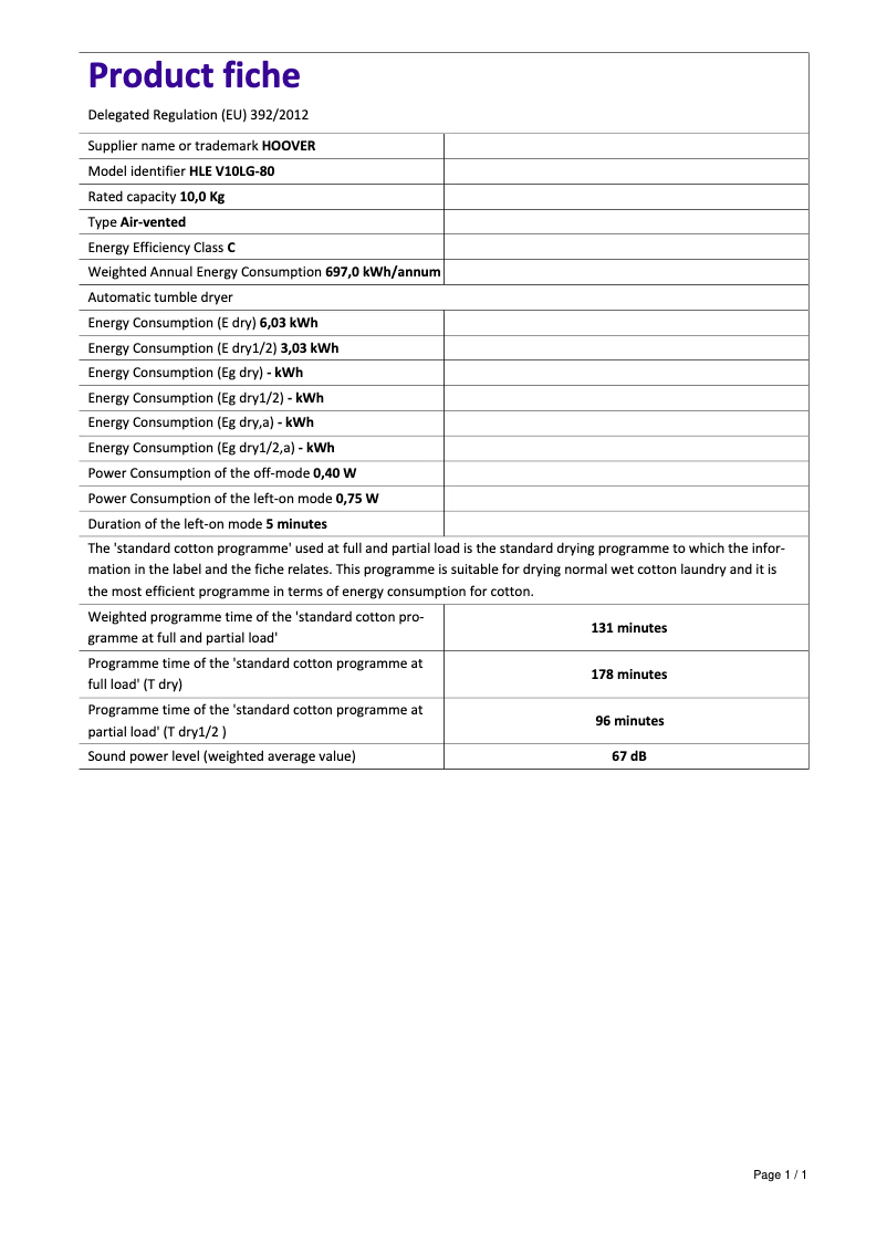 Page 1 de la notice Fiche technique Hoover HLE V10LG-80