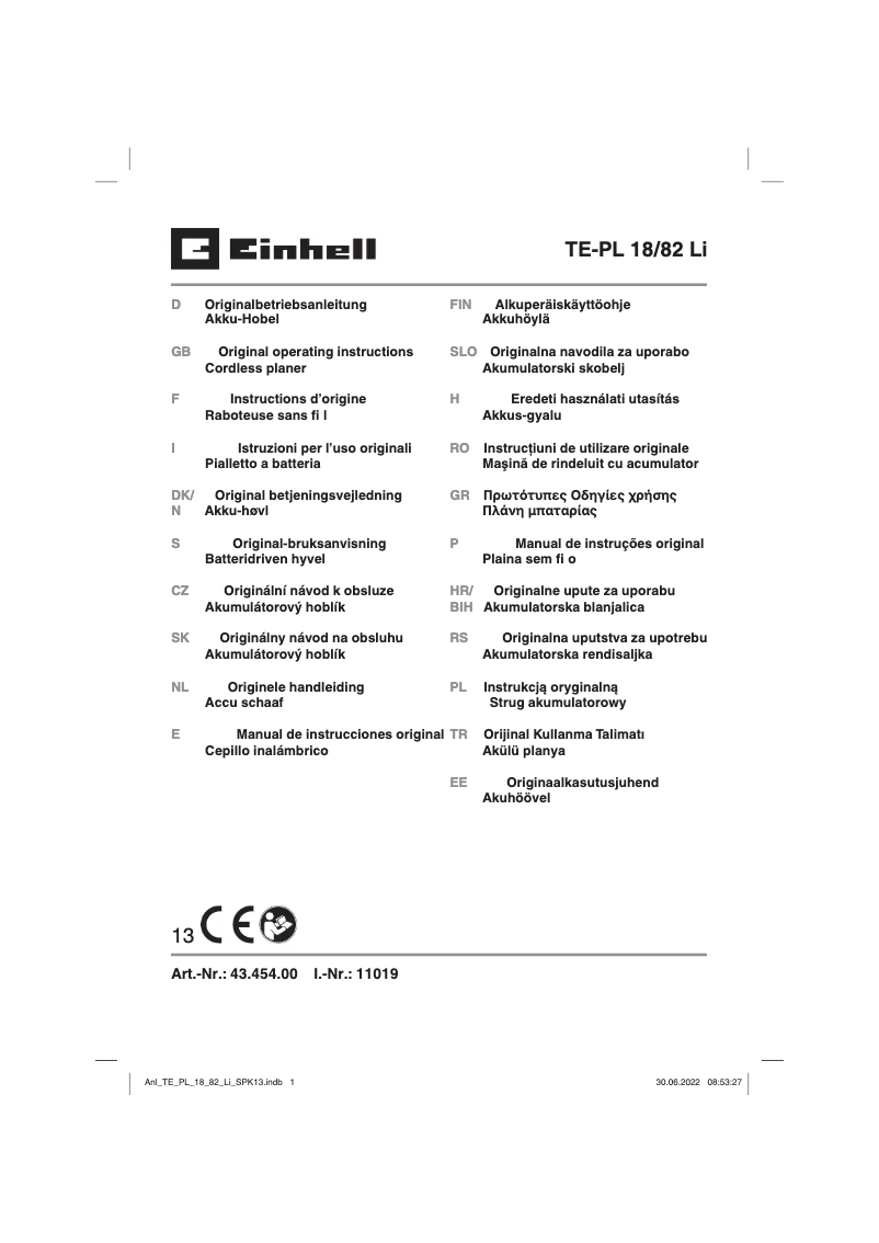 Page 1 de la notice Manuel utilisateur Einhell TE-PL 18/82 Li - Solo