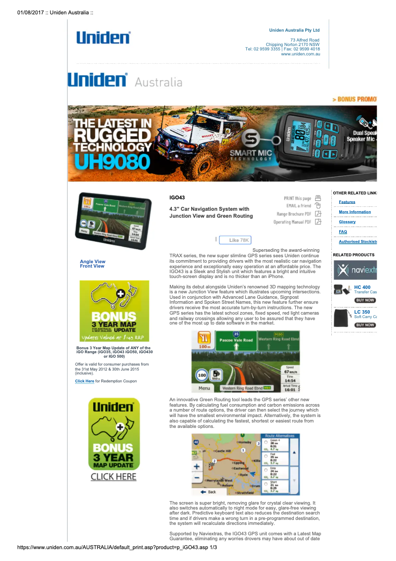 Page 1 of the manual User Manual Uniden iGO 43