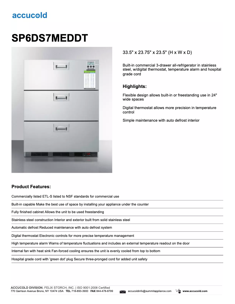 Page 1 de la notice Fiche technique Summit Accucold SP6DS7MEDDT