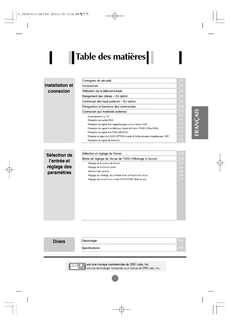 Page 1 de la notice Manuel utilisateur LG M3700C