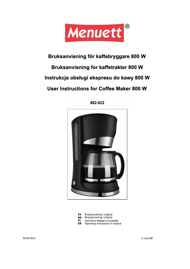 Page 1 de la notice Manuel utilisateur Menuett 802-622