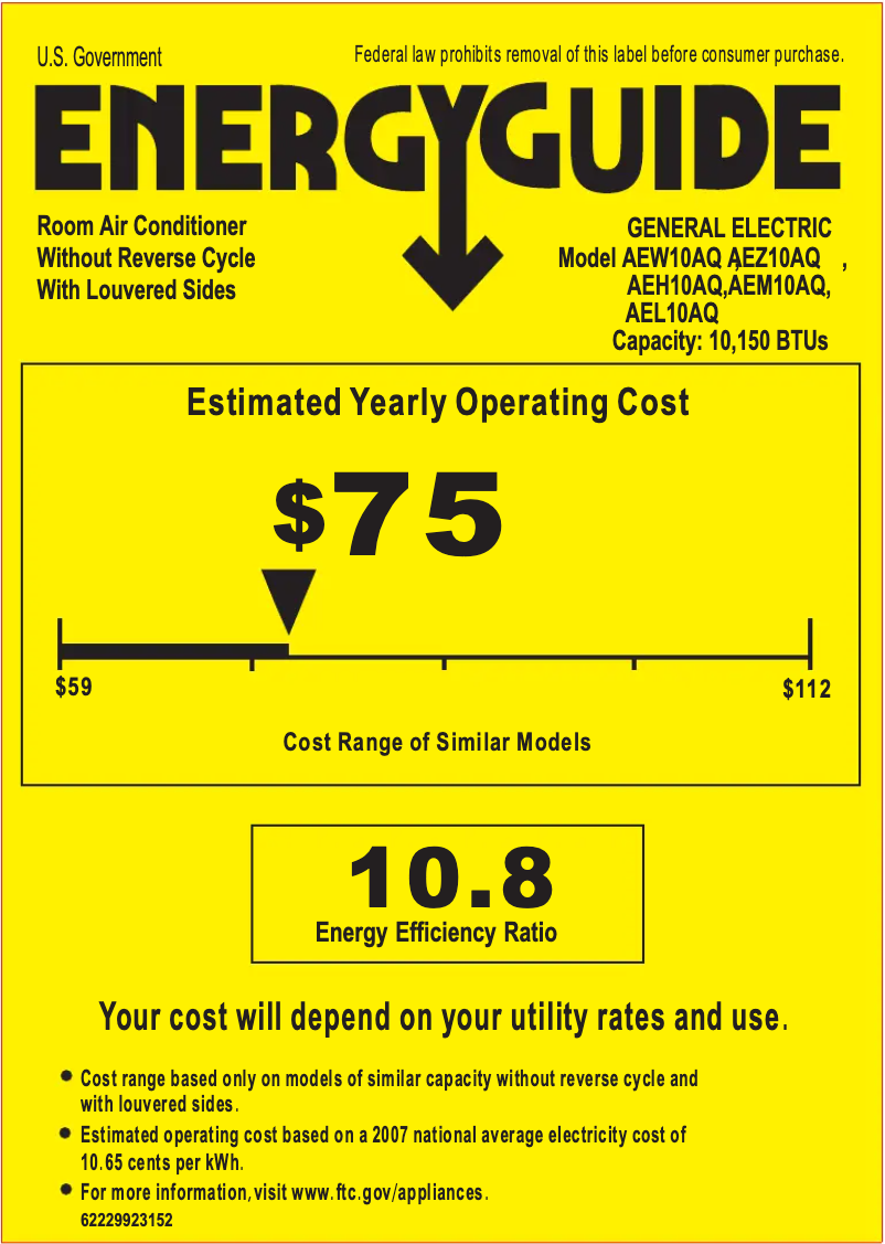 Página 1 del manual Etiqueta energética GE AEM10AQ