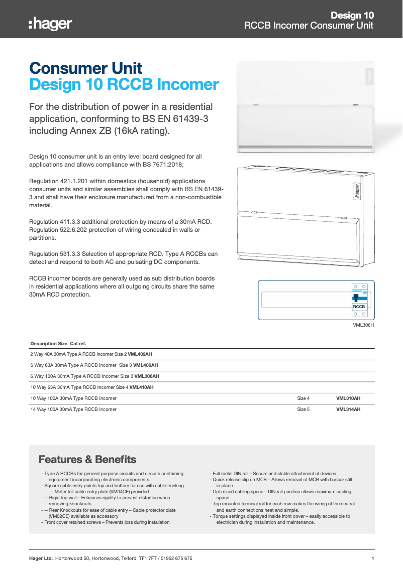 Page 1 de la notice Fiche technique Hager VML310AH