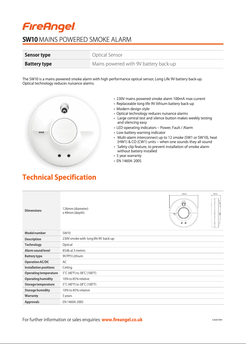 Page 1 de la notice Fiche technique FireAngel SW10-EUT