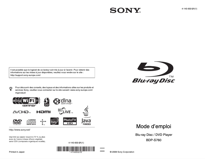 Page 1 de la notice Manuel utilisateur Sony BDP-S760