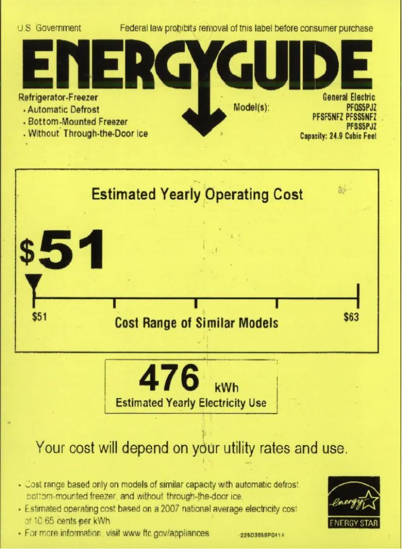 Page 1 de la notice Label énergétique GE Profile PFSS5PJZSS