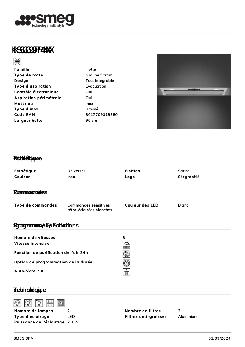 Page 1 de la notice Fiche technique Smeg KSG9P4X