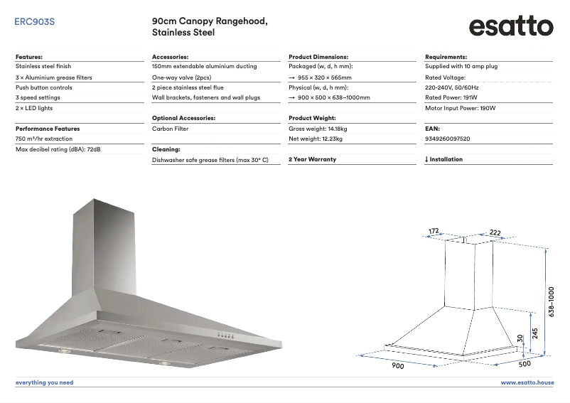 Page 1 de la notice Fiche technique Esatto ERC903S