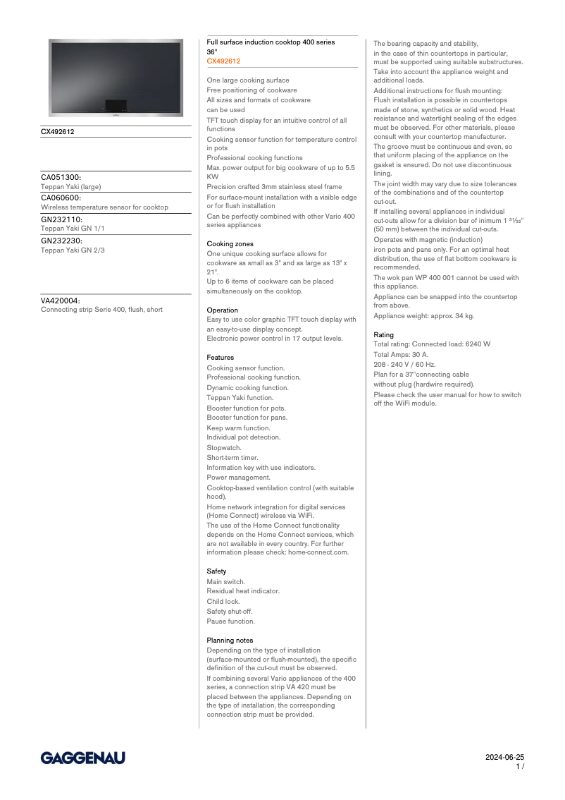 Page 1 de la notice Fiche technique Gaggenau CX492612