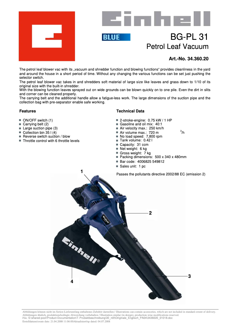 Página 1 del manual Ficha técnica Einhell BG-PL 31
