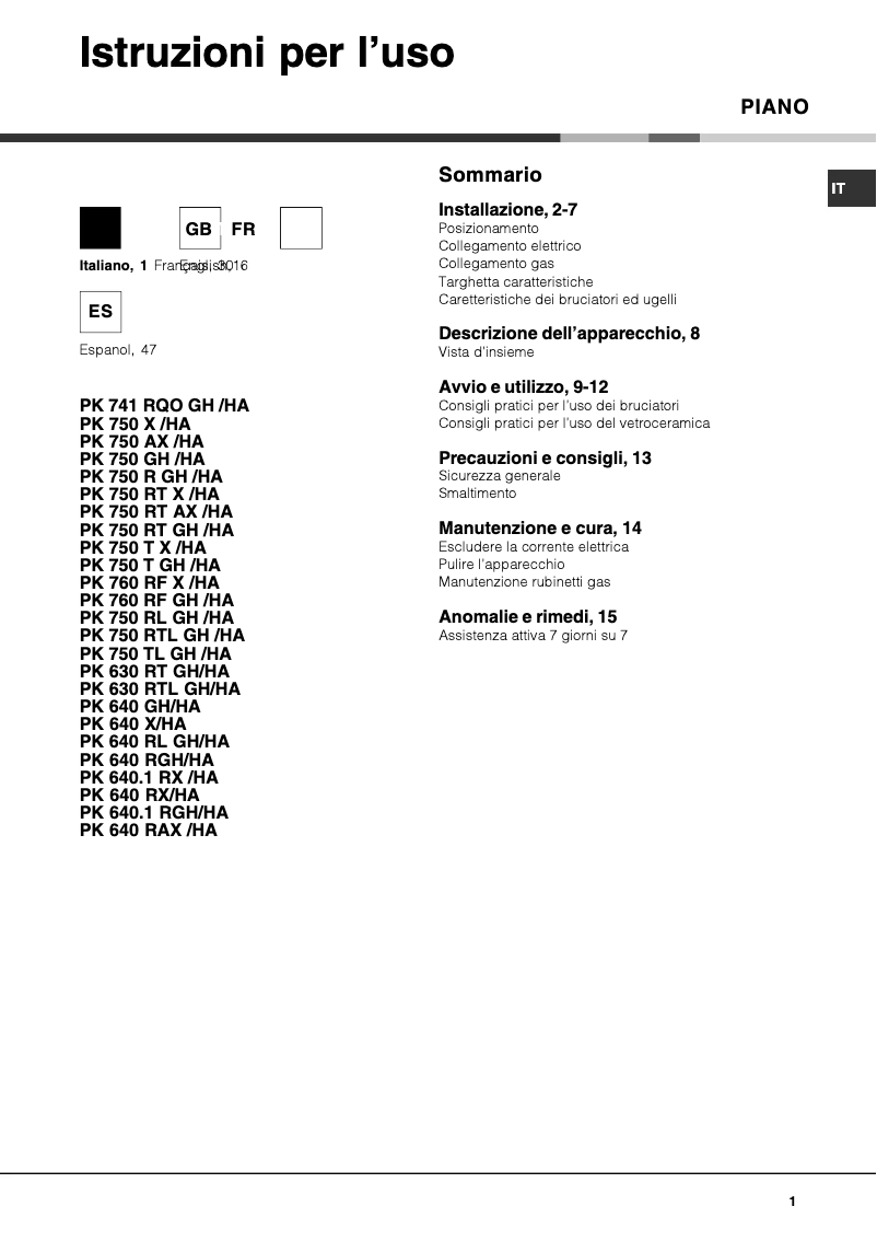 Página 1 del manual Manual de usuario Hotpoint Ariston PK 750 RT AX /HA