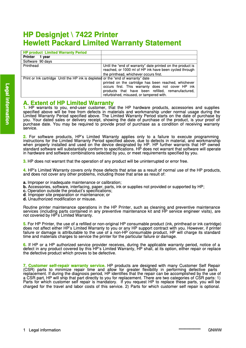 Page n°1 - Informations de garantie HP DesignJet Z5200