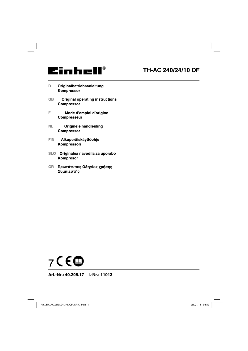 Page 1 de la notice Manuel utilisateur Einhell TH-AC 240/24/10 OF