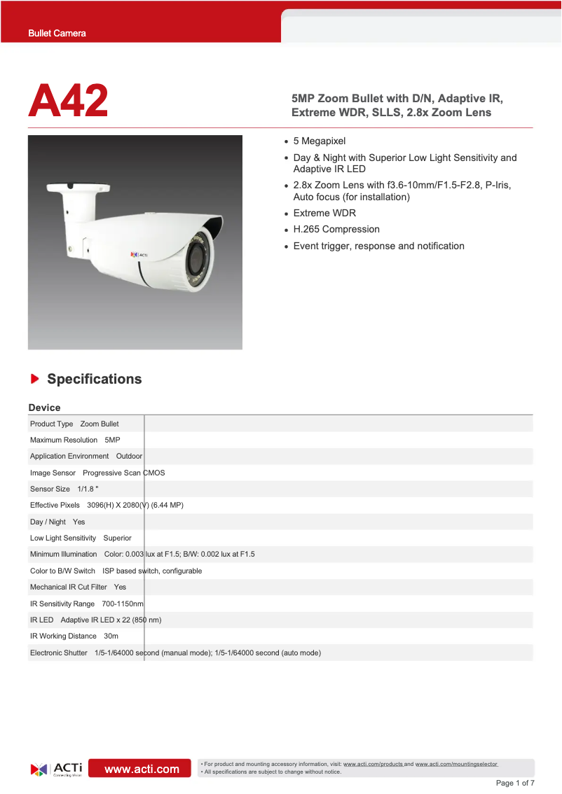 Page 1 de la notice Fiche technique ACTi A42
