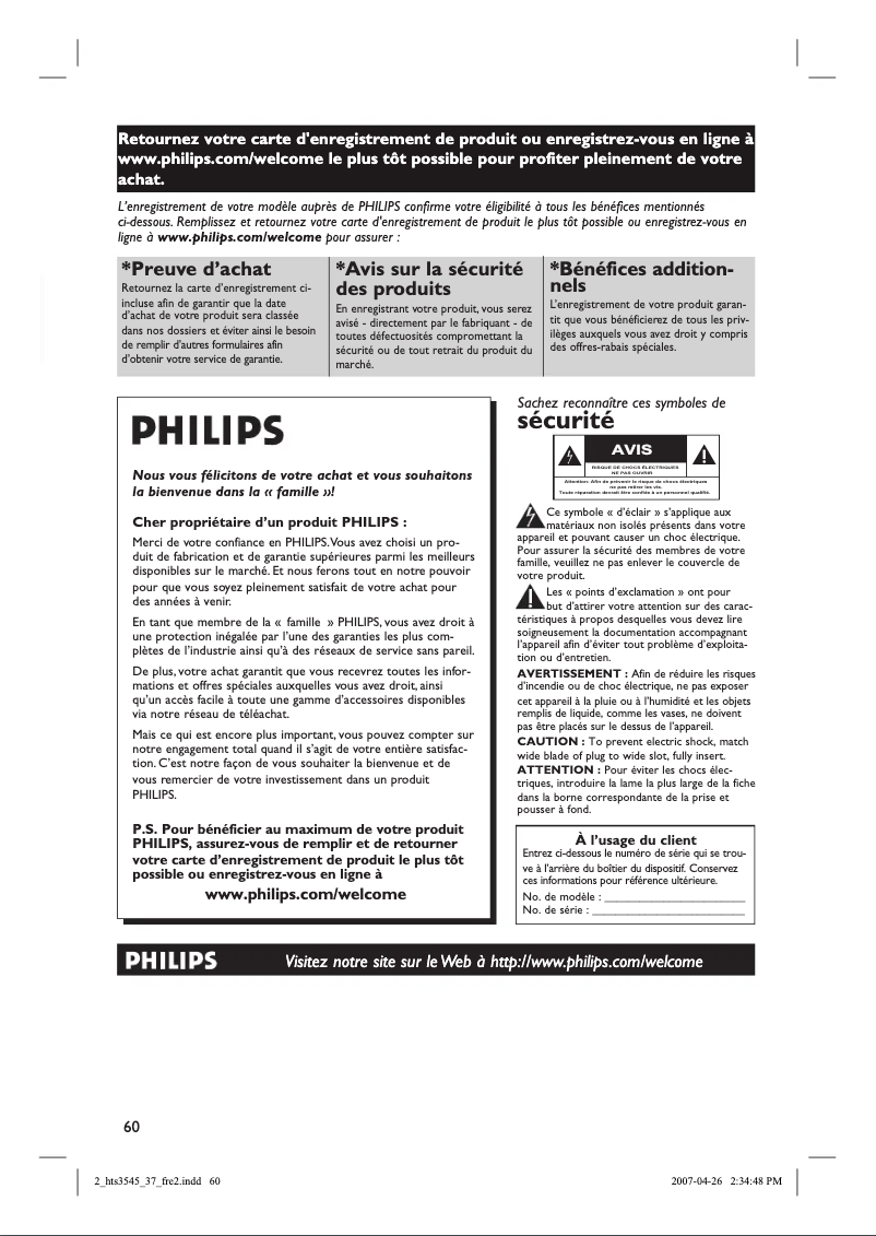 Page 1 de la notice Manuel utilisateur Philips DVD Home Theater System