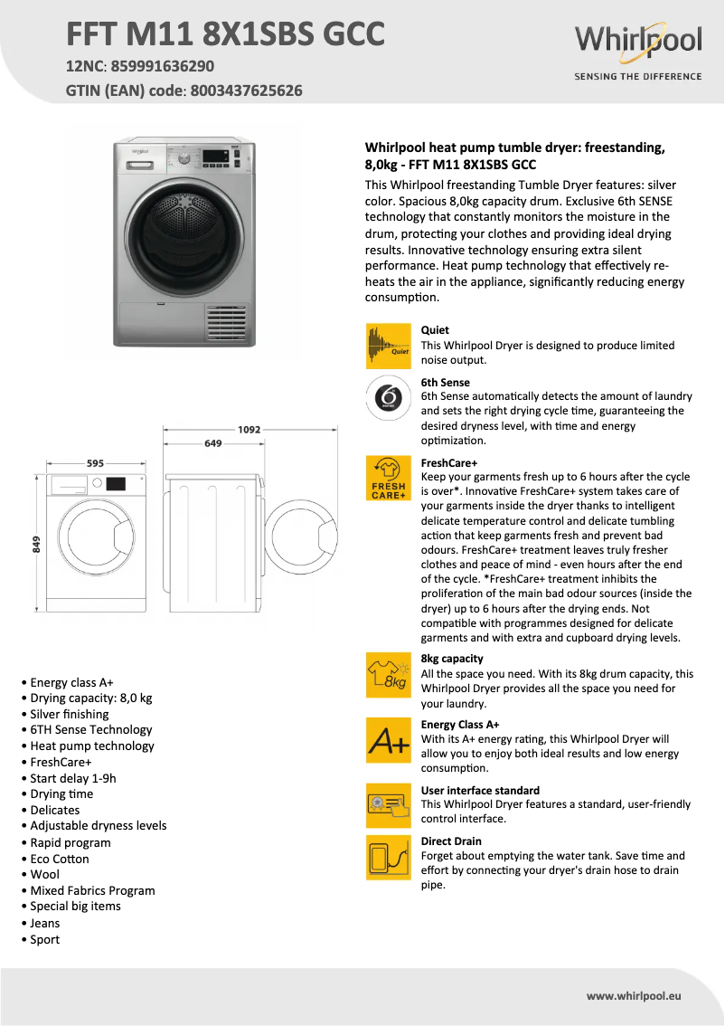 Página 1 del manual Ficha técnica Whirlpool FFT M11 8X1SBS