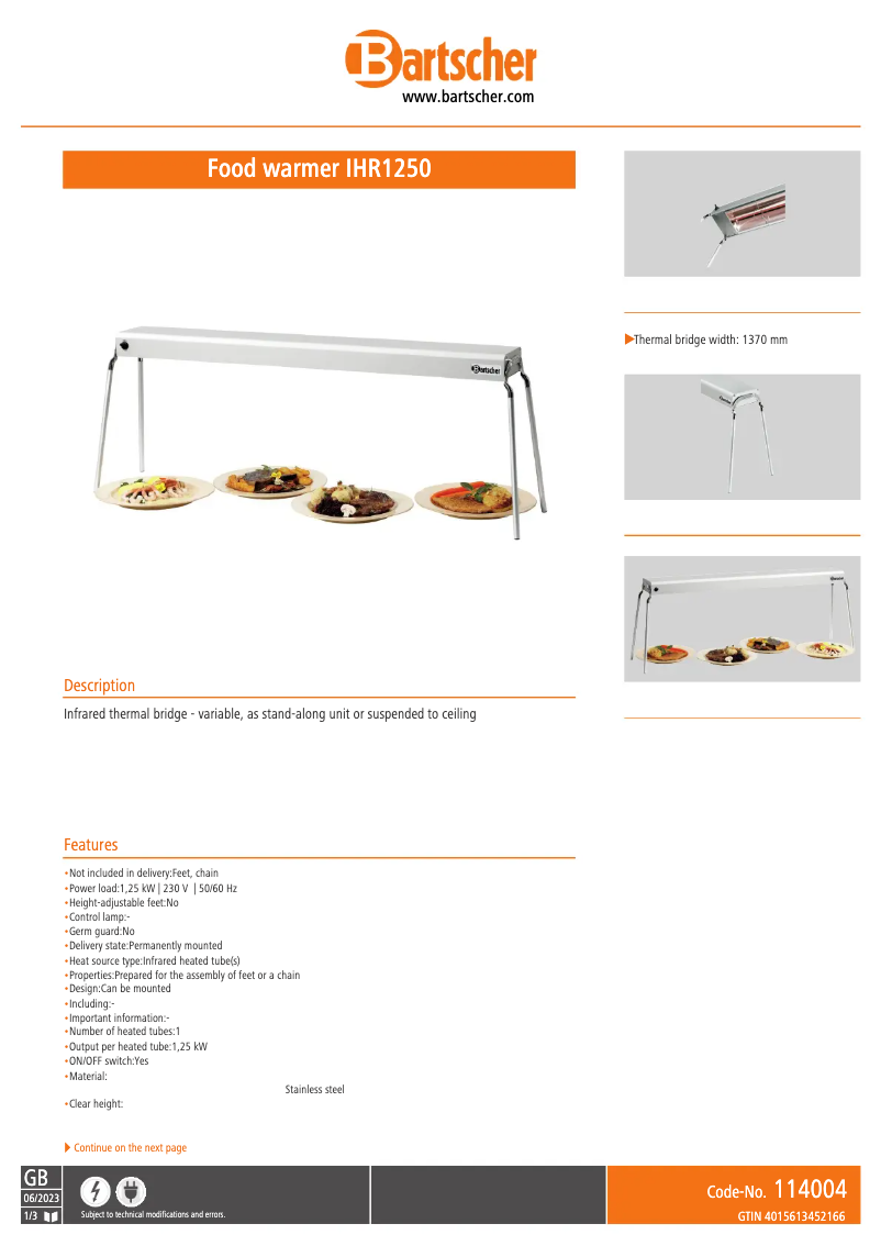 Page 1 de la notice Fiche technique Bartscher IHR1250