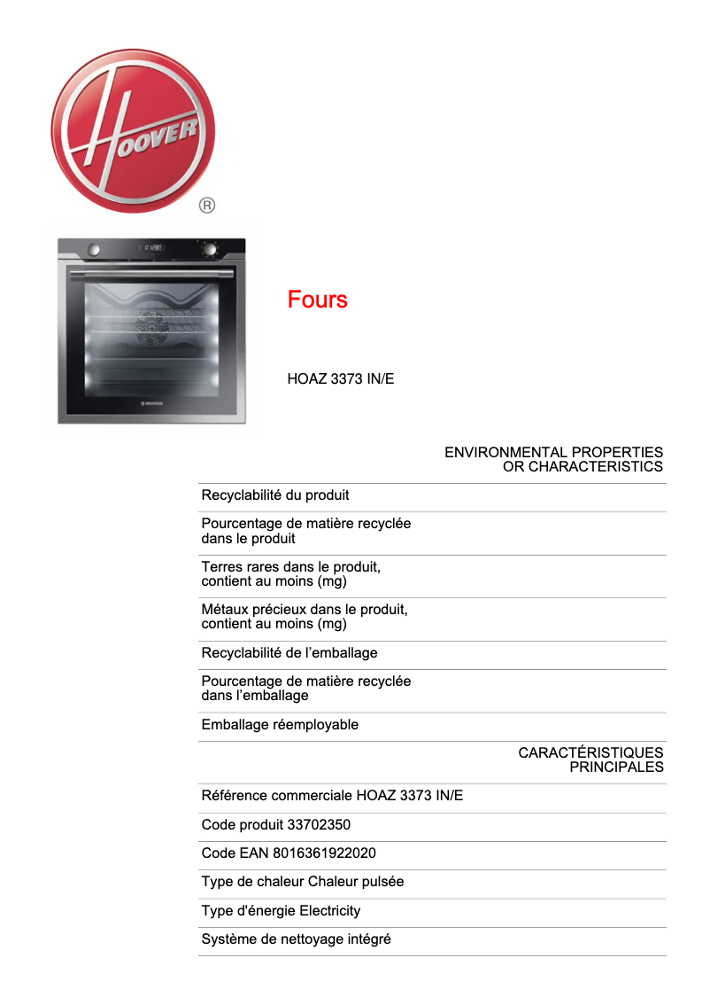 Página 1 del manual Ficha técnica Hoover H-OVEN 500 HOAZ 3373 IN/E