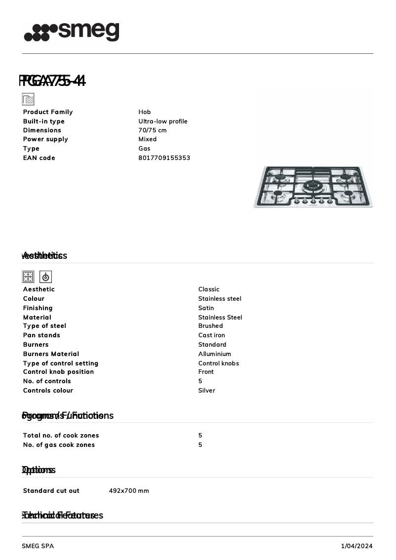 Página 1 del manual Ficha técnica Smeg PGA75-4