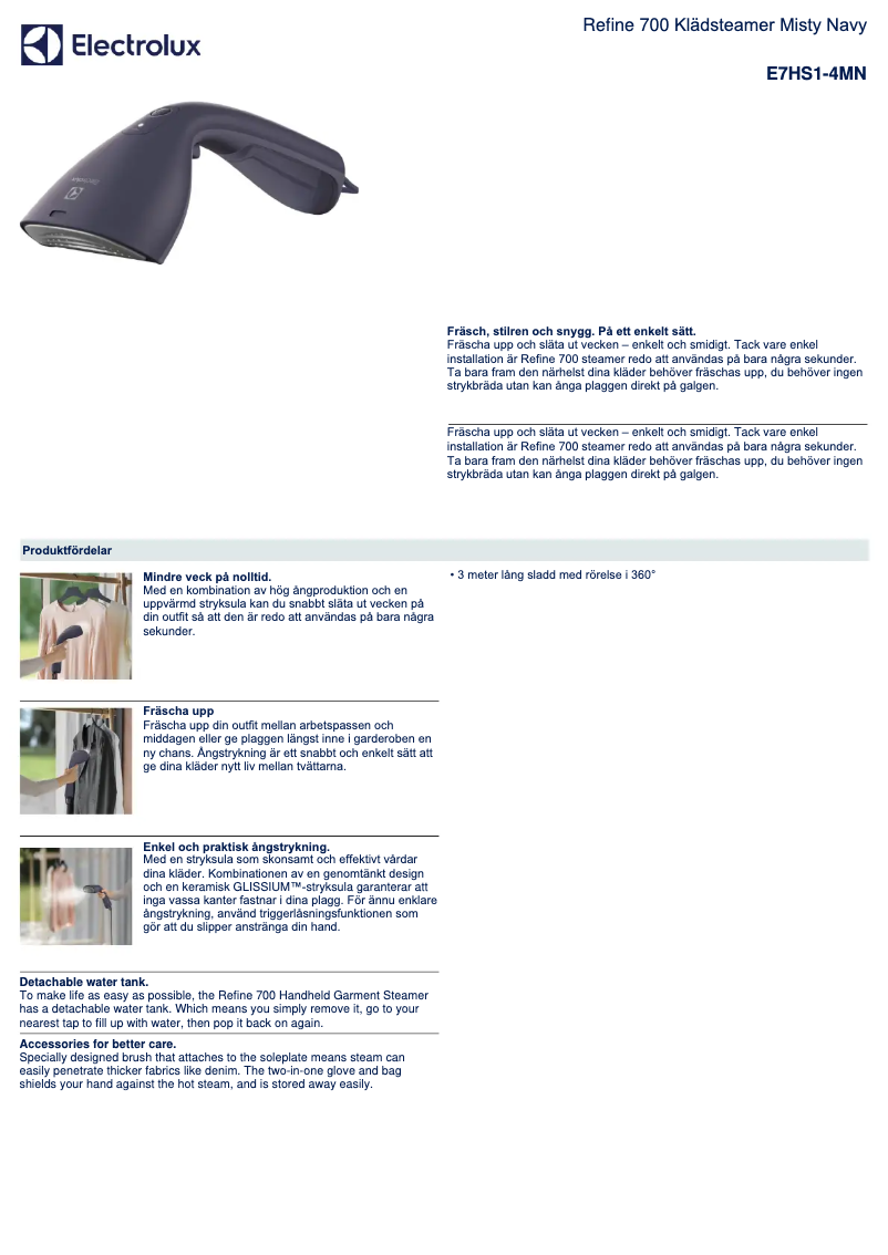 Page 1 de la notice Fiche technique Electrolux Refine 700 E7HS1-4MN