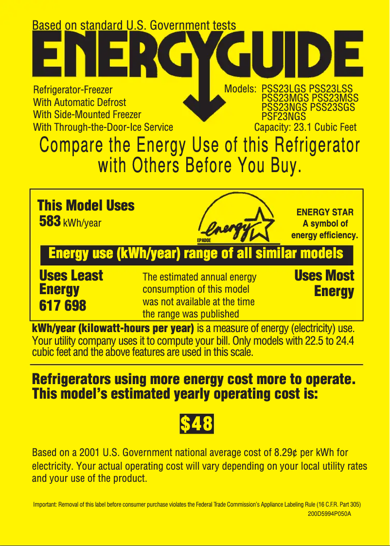 Page n°1 - Label énergétique GE Profile PSS23LGSBB
