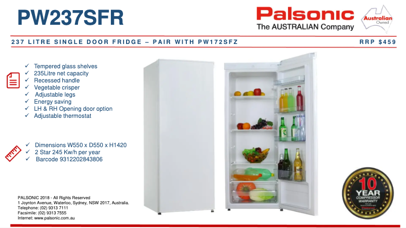 Page 1 of the manual Technical Sheet Palsonic PW237SFR