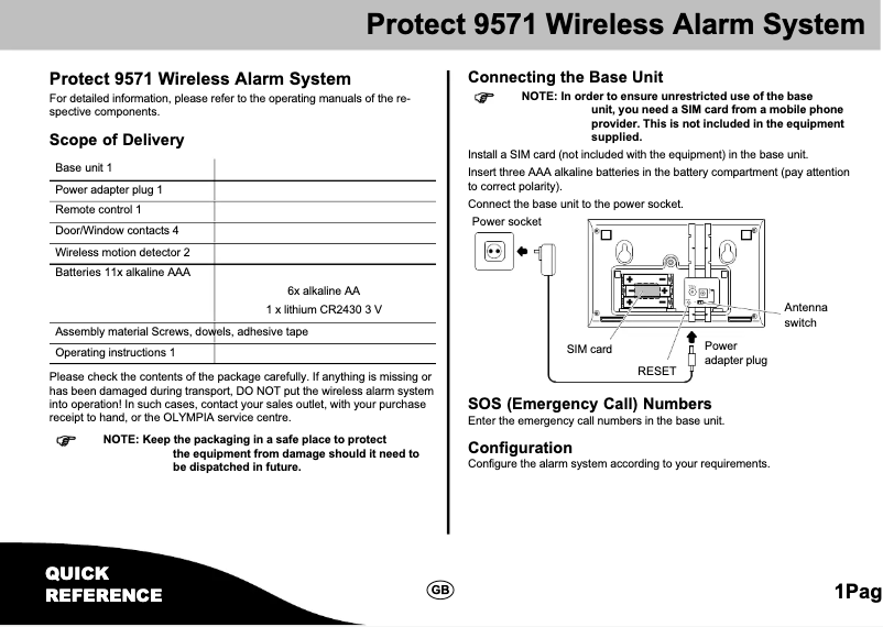 Page 1 de la notice Manuel utilisateur Olympia Protect 9571