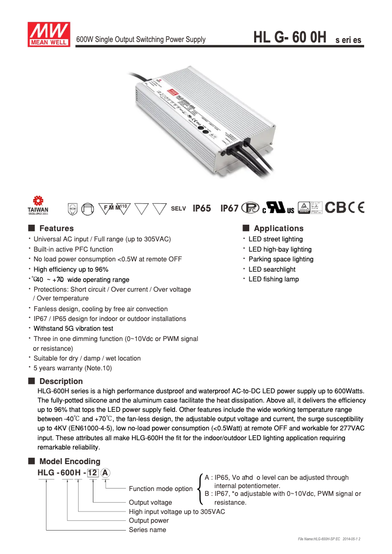 Página 1 del manual Manual de instrucciones Mean Well HLG-600H-24A