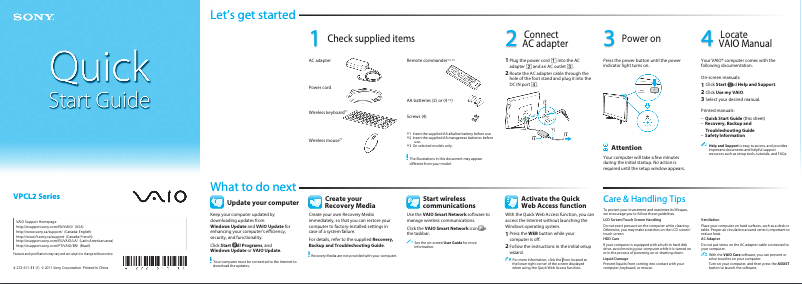 Page 1 de la notice Manuel utilisateur Sony VAIO VPCL215FDB