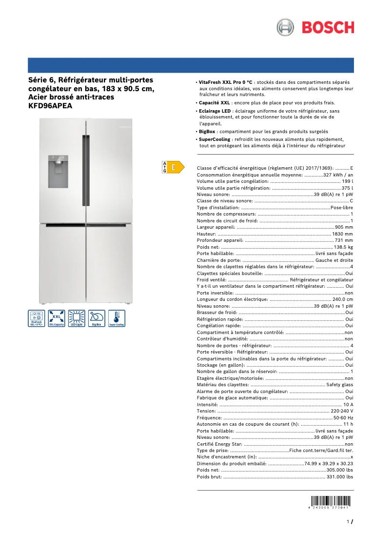 Page 1 de la notice Fiche technique Bosch KFD96APEA