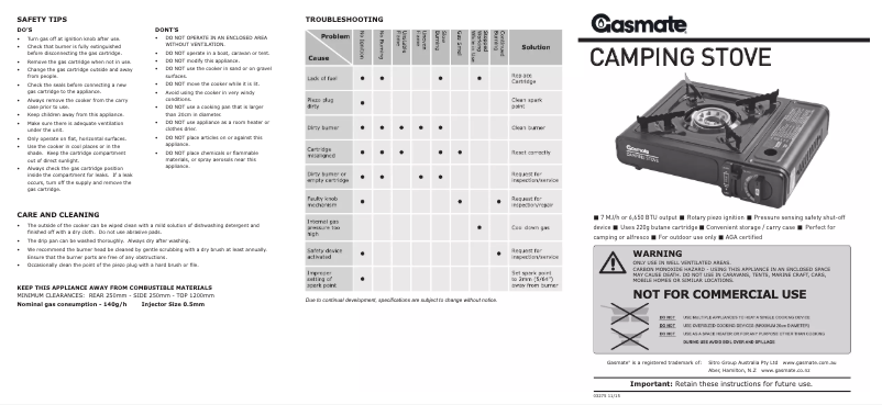 Page 1 de la notice Manuel utilisateur Gasmate Camping Stove CS170