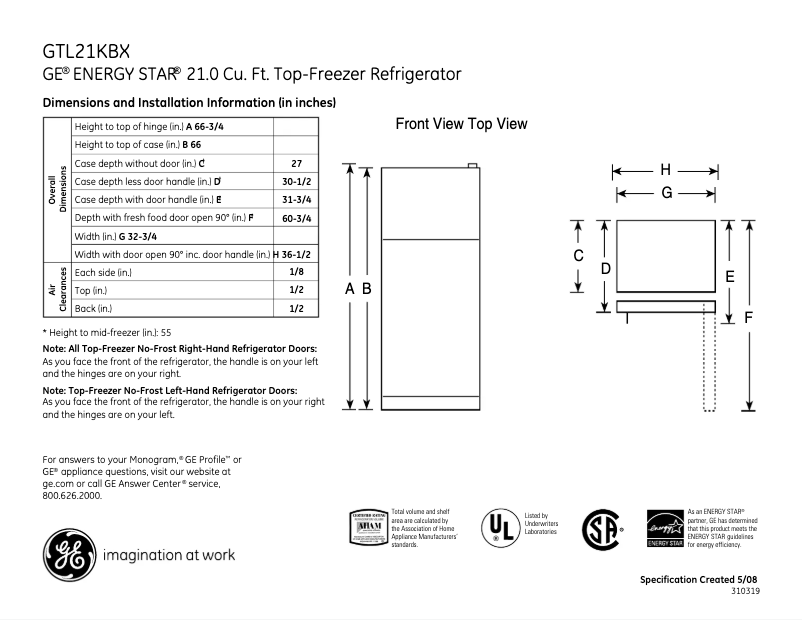 Page n°1 - Fiche technique GE GTL21KBXBS