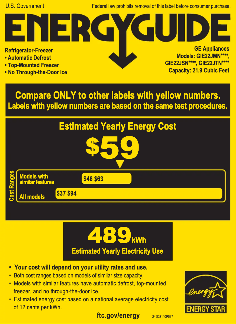 Page 1 de la notice Label énergétique GE GIE22JSNRSS