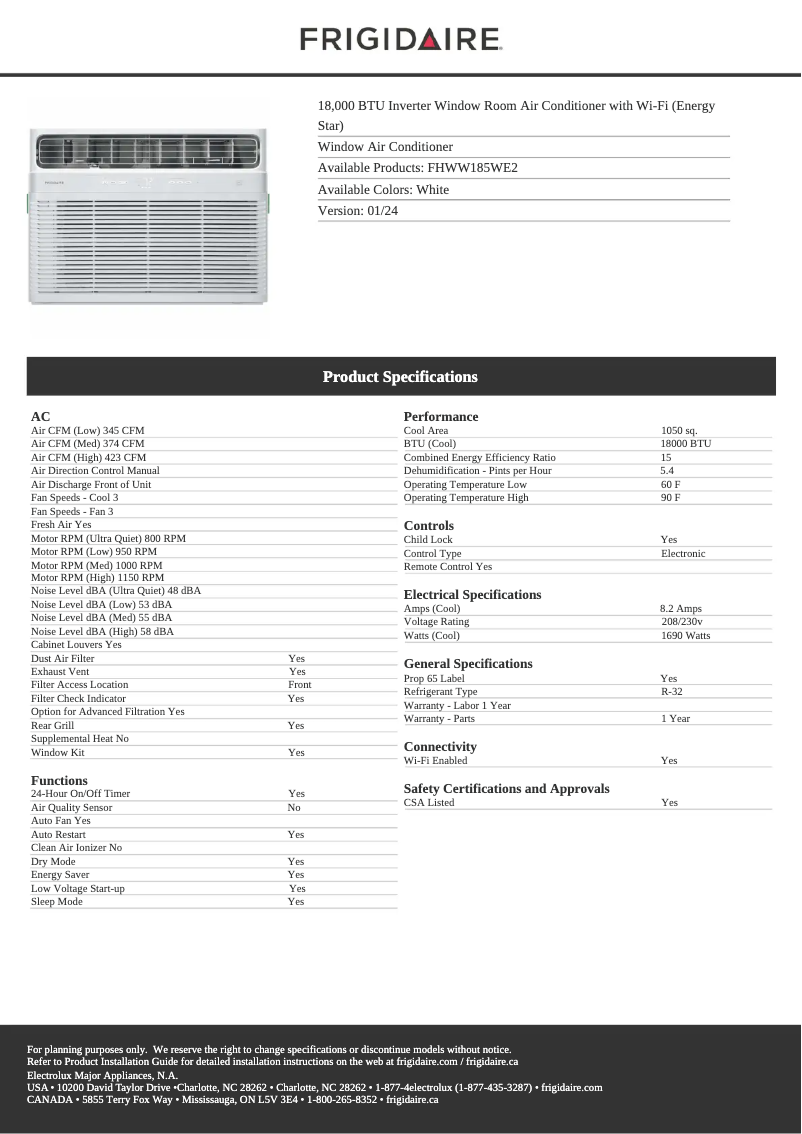 Page 1 de la notice Fiche technique Frigidaire FHWW185WE2