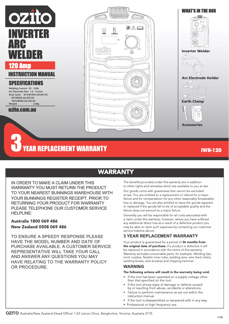 Page 1 de la notice Manuel utilisateur Ozito IWR-120