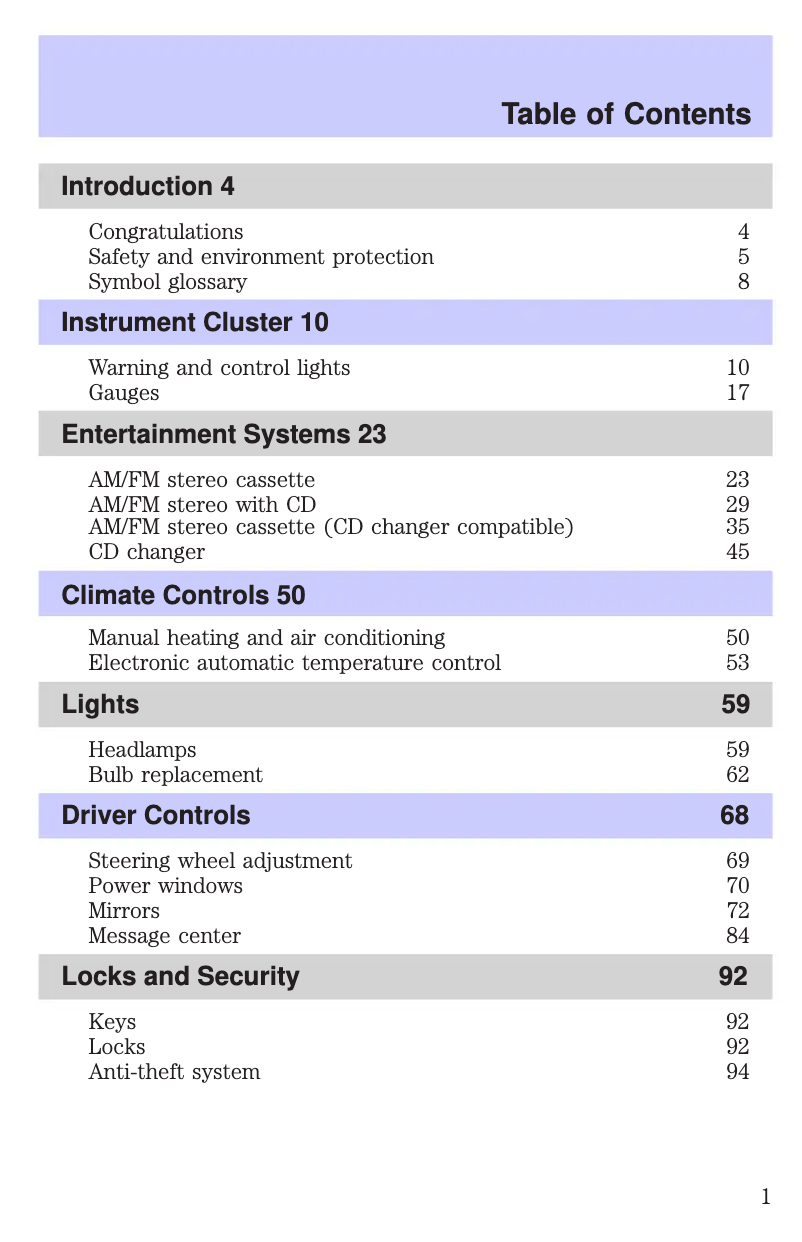 Page 1 de la notice Manuel utilisateur Mercury Grand Marquis (1999)