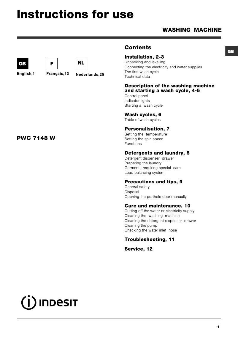Page 1 de la notice Manuel utilisateur Indesit PWC 7148 W