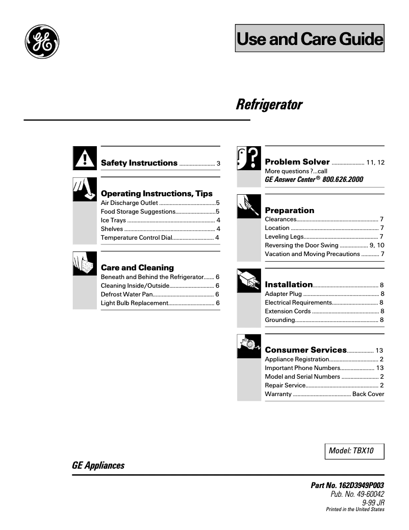 Page 1 de la notice Manuel d'utilisation et d'entretien GE TBX10SNBLWH