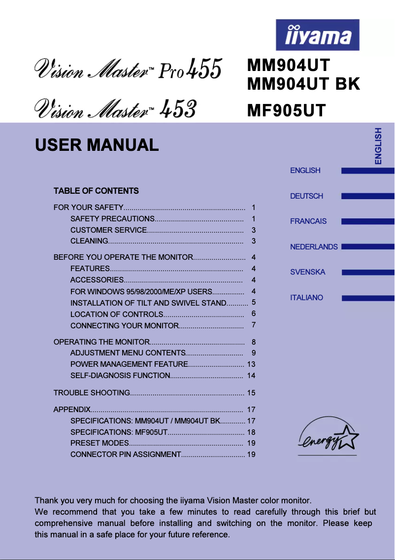 Page 1 de la notice Manuel utilisateur Iiyama Vision Master MM904UT