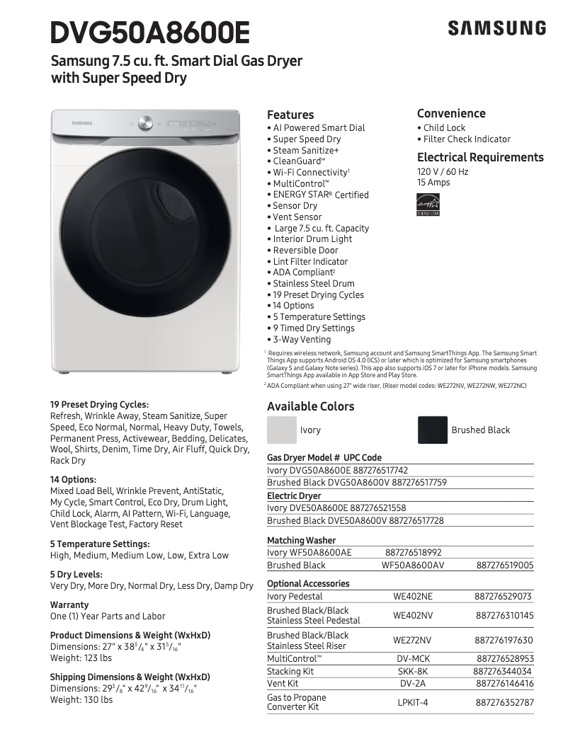 Página 1 del manual Ficha técnica Samsung DVG50A8600E